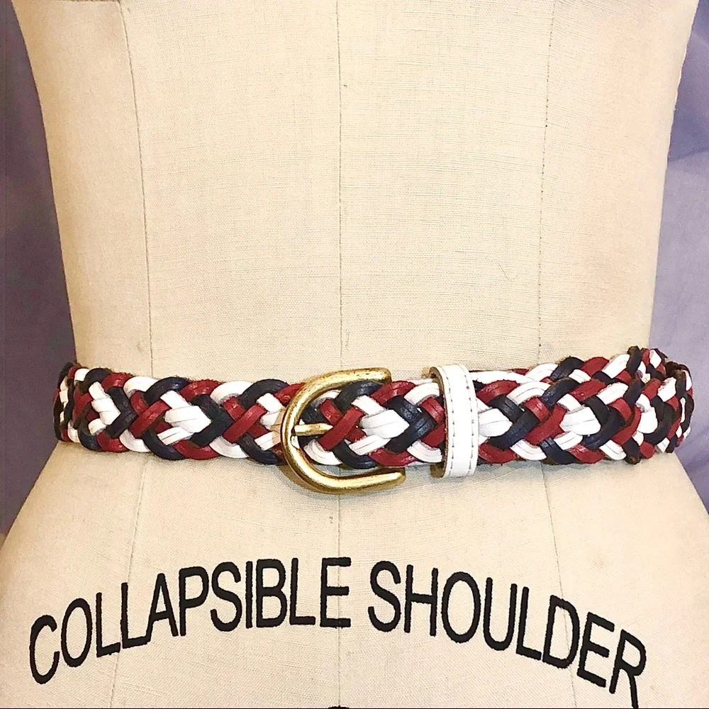 Vintage Y2K Genuine Leather braided woven adjustable belt blue red one size
